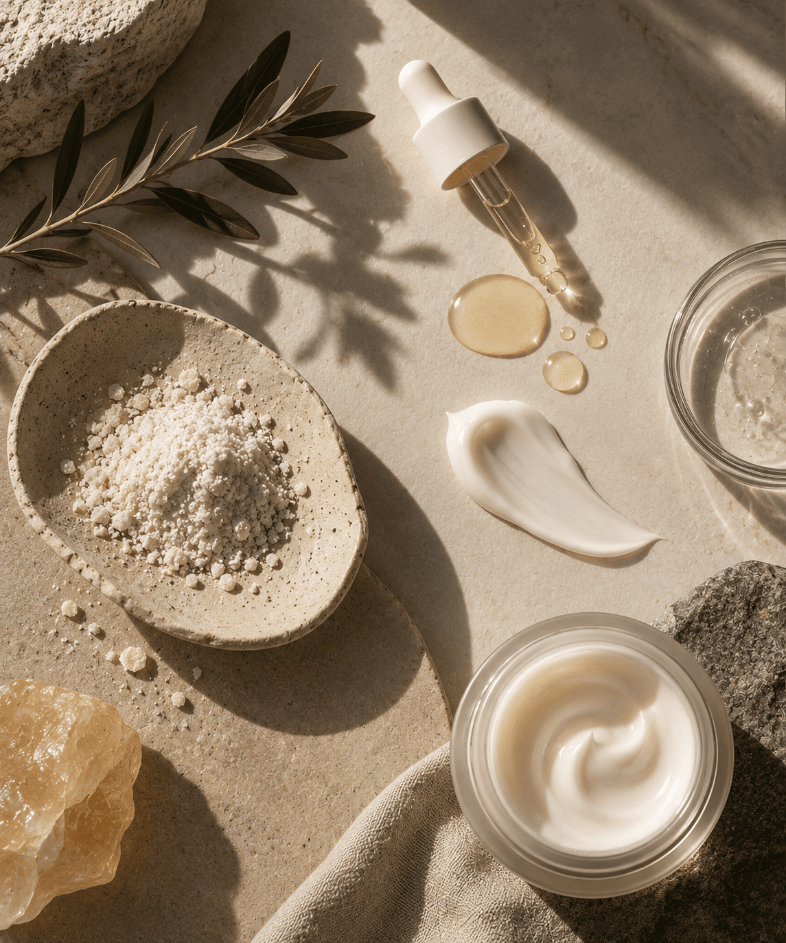 The five Nuvéa ingredients laid out on a pale surface in soft daylight