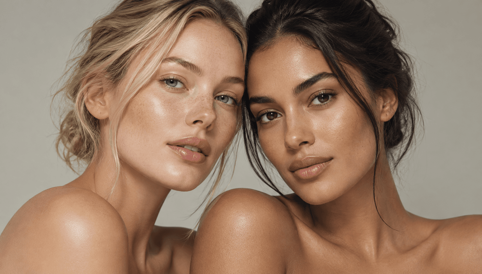 Two women photographed cheek to cheek, skin clear and unretouched
