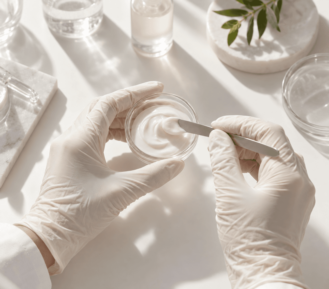 Gloved hands lifting the finished formula from its dish with a steel spatula