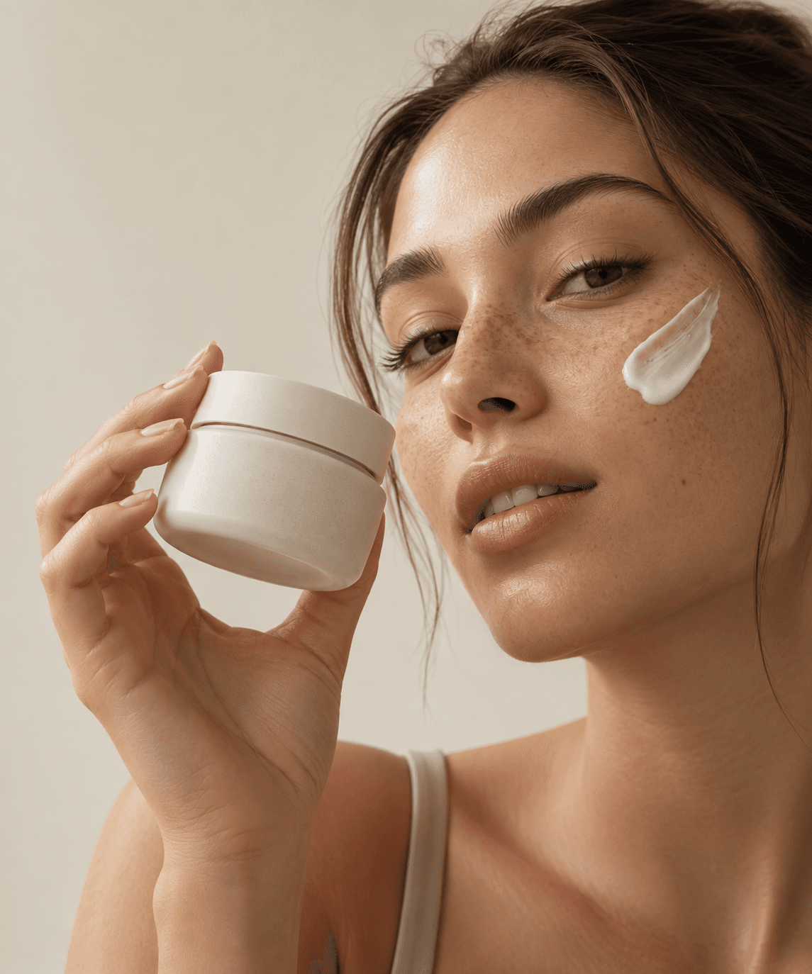 A woman holding the Nuvéa jar with a fresh swatch of cream on her cheek