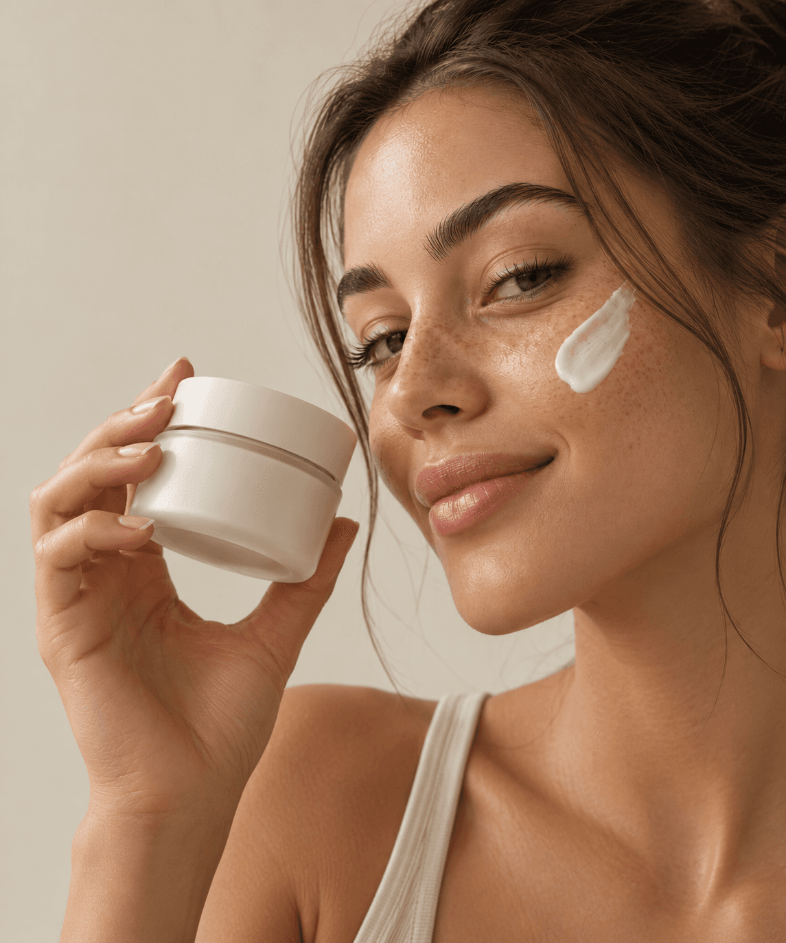 A woman smiling as she blends the cream across her cheekbone
