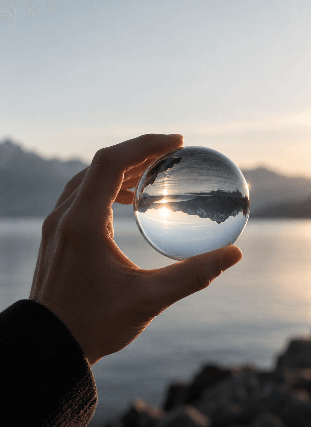 A glass sphere held up to a mountain lake at sunrise