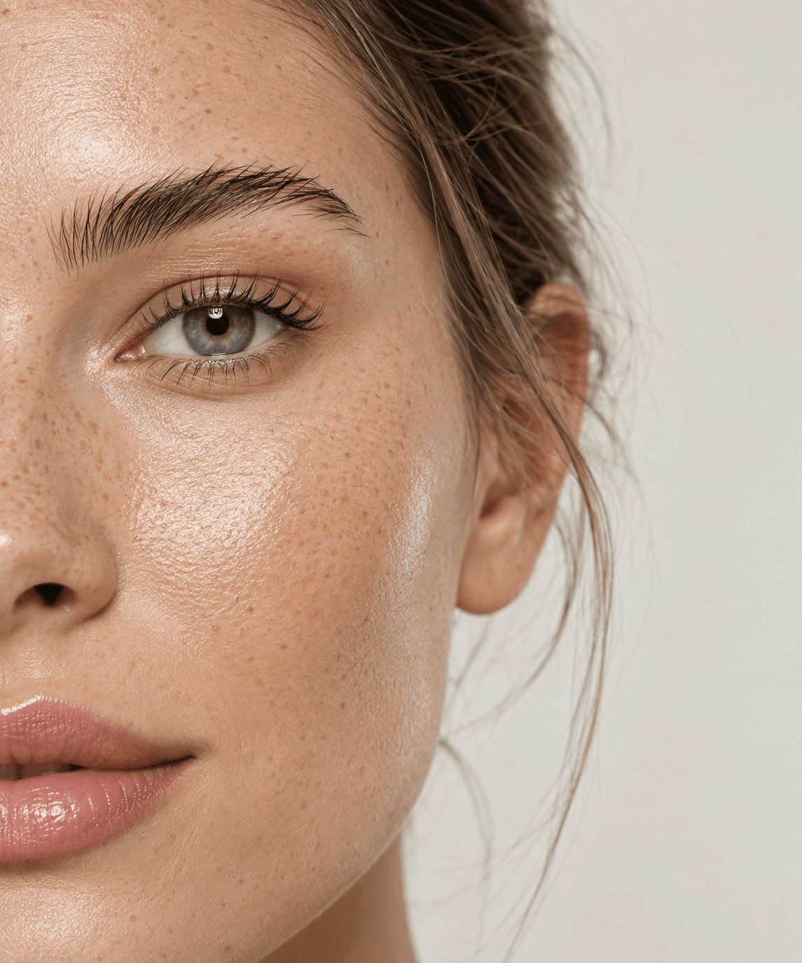 Close detail of clear, freckled skin in natural light